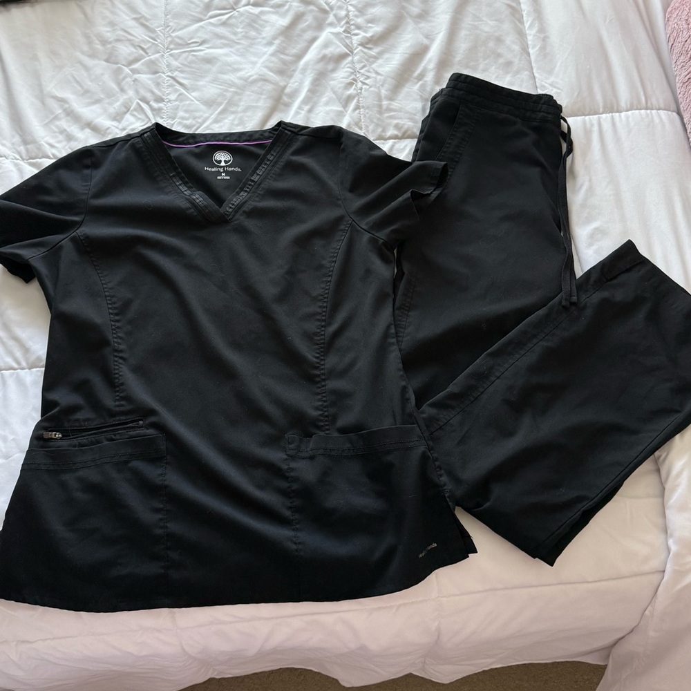 Healing Hands Black Scrub Top and Pants Set